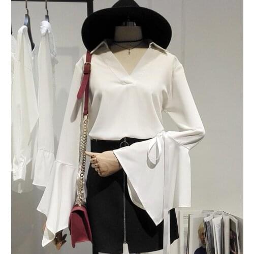 Womens spring autumn flare sleeve v neck black chiffon shirt female casual loose basic OL Shirt plus size chic Blouse TB471