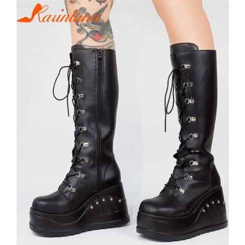 Big Size 35-43 Brand New Ladies Wedges High Heels Boots Fashion Rivet Zip Platform womens Boots Street Punk Shoes Women