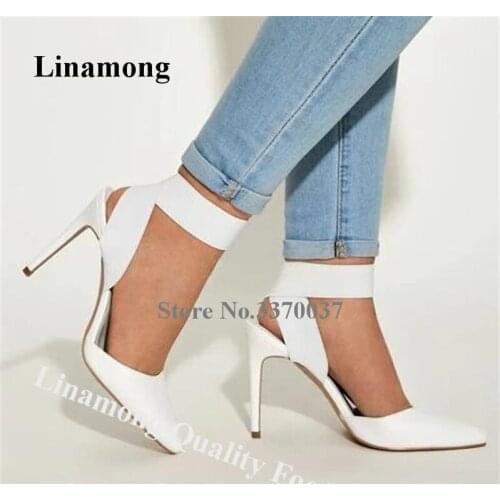 Linamong Women Elegant Pointed Toe Suede Leather Stiletto Heel Pumps Beige White Ankle Bandage High Heels Formal Dress Shoes