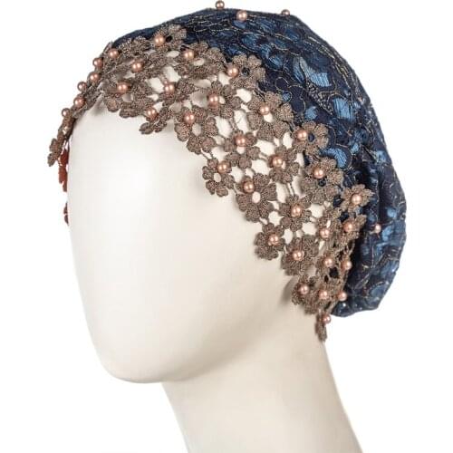 Women Muslim Mesh Stretch Hijab Turban Cap Embroidery Floral Lace Beanie Headwrap Imitation Pearl Beaded Bonnet Hair Loss Y1AC