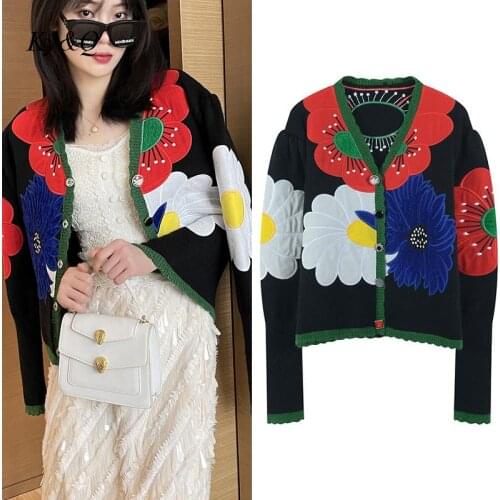 Designer Big Flower Long Sleeve Sweater Cardigan Women 2021 Autumn New Contrast Color Bubble Sleeve Fashion Knitted Jacket