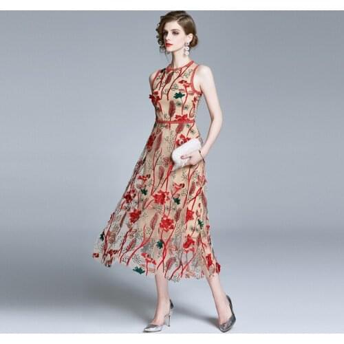 2021 New Vintage Elegant Sleeveless Dress O-neck Flower Embroidery Dresses Female Summer Sexy Tank Seaside Holiday Long Dress