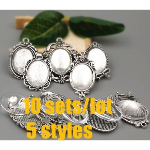 10 sets/lot 5 Styles Fit 18*25mm filigree cameo cabochon base setting pendant + clear glass cabochons Wholesale 2016(A1004)