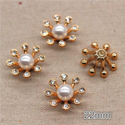 10PCS 22mm Shiny Rhinestone Highlight ABS Pearl Golden Plastic Flatback Flower Button Home Decoration Accessories