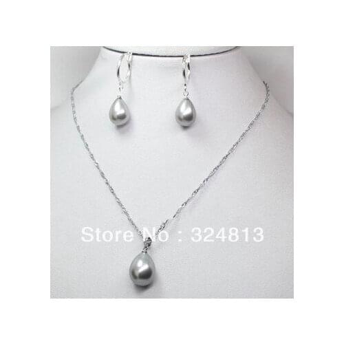 Free shipping set gray mother of pearl shell drop earring chain necklace 17" fashion jewelry