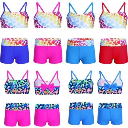 Kids Girls Tankini Swimsuit Heart-shaped Printed Swimwear Two Piece Bathing Suit Set Tops With Bottoms Shorts Bikini Beach Wear