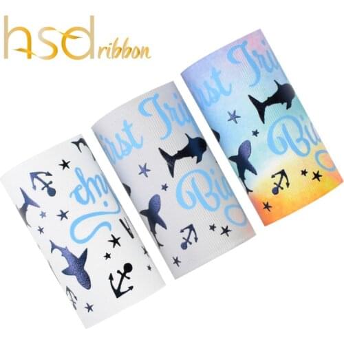 HSDRibbon free shipping 75mm 3inch shark Navy hologram foil printed on Grosgrain Ribbon