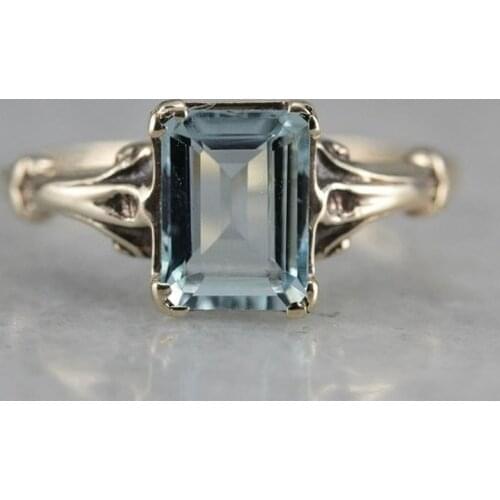 Classical Style 14K Golden Antique Aquamarine Engagement Engagement Princess Ring Love Diamond Ring Size 6-11