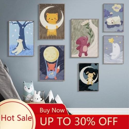 Canvas Painting Moon Star Giraffe Bear Dolphin Fox Dog Wall Art Nordic Posters And Prints Anime Wall Pictures Room Decor