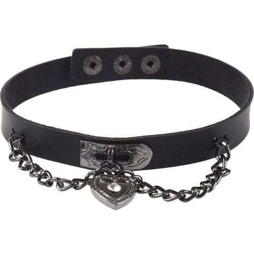 Leather heart pendant chain necklace Gothic Lolita Punk Choker Black