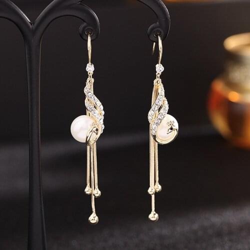 Red Pearl Peacock Tassel Earrings Korean New Phoenix Long Retro Bride Earrings Elegant Banquet Party Blue Ear Jewelry Female