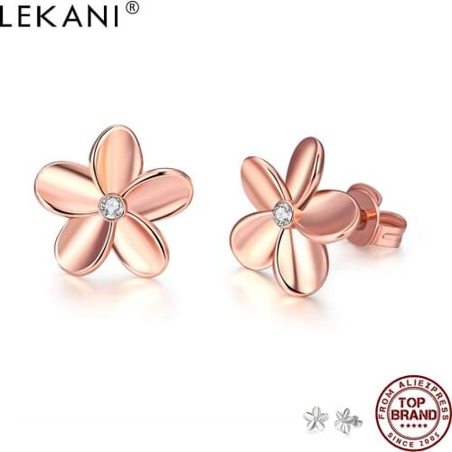 LEKANI Romantic Flower Rose Gold Stud Earrings For Women Czech Drill Simple Small Earring Engagement Fashion Jewelry Wholesale