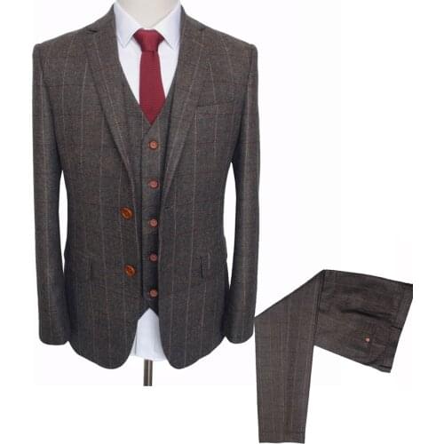 Mens Check Suit 3pcs Tailor Made Woolen Brown/Blue /Navy Herringbone Tweed British Style Slim Fit Blazer Wedding Dress Suit