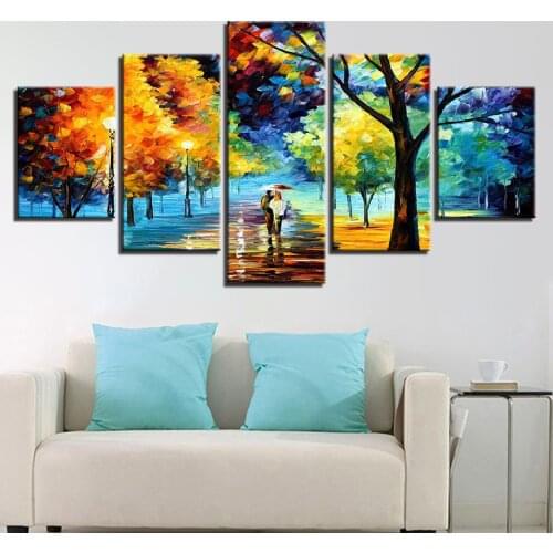 Wall Art Canvas Painting 5 Pieces Walking In The Rain Scenery Poster Abstract Color Tree HD Prints Pictures Painting Home Decor
