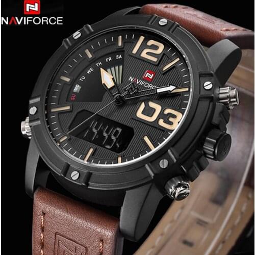 New NAVIFORCE Men Watch Dual Time Zone Alarm LCD Sport Watch Mens Quartz Wristwatch Waterproof Dive Sports Digital Watches