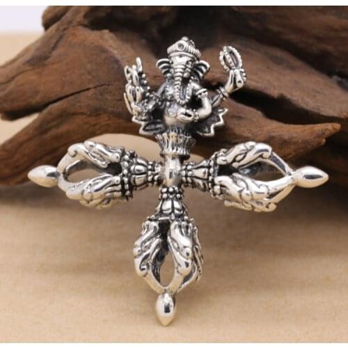 Handcrafted 925 Silver Tibetan Ganesh Buddha Vajra Pendant vintage sterling silver Ganesha DorjePendant Good Luck Amulet