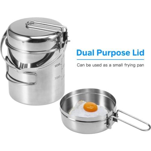 1L Portable Stainless Steel Camping Pot With Spout Pouring Cooking Kettle for Camping Pot with Foldable Handle Outdoor Tableware