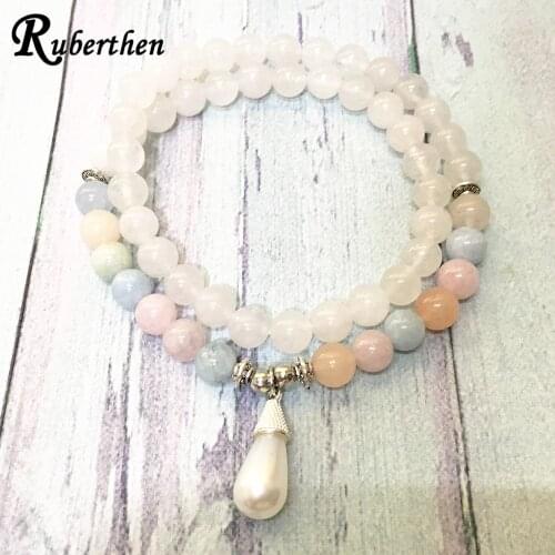 Ruberthen New Design White Jades 54 Mala Pearl Charm Bracelet A Grade Morganite Women`s Energy Bracelet Best Practice Jewelry