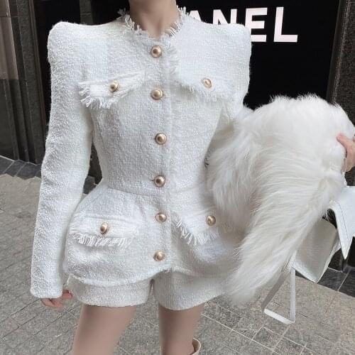 Jacket Shorts Suit Women White Black Tweed 2021 New Spring Bright Silk Tweed Blazer Shorts Suit Two-piece Suit High Quality