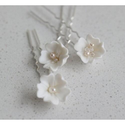 SLBRIDAL Handmade Porcelain Flower Alloy Freshwater Pearls Bridal Hair Pin Wedding Hair Sticker Hair Accessories Women Jewelry