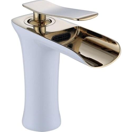 Waterfall Spout Hot and Cold Wash Basin Faucet with Hoses, Copper Single Hole Single Handle Bathroom Basin Faucet, White, Black