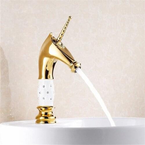 Basin Faucets Brass Gold Bathroom Sink Mixer Tap Single Handle Horse Head Diamond Bathroom Crane Vanity Mixer Luxury Water Tap