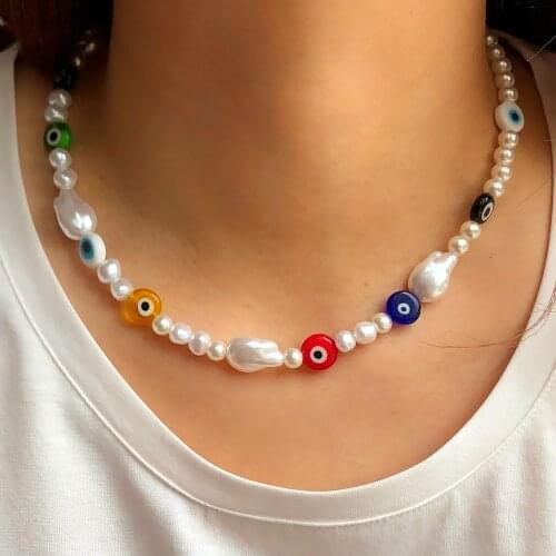TAUAM Simulated Pearl Turkish Evil Eye Necklaces For Women Bohemian Vintage Choker Beads Party Jewelry New