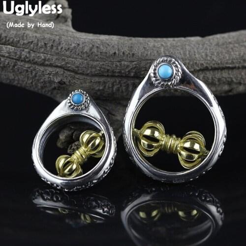 Uglyless Spinning Vajra Buddhistic Pendants for Lovers Religious Circle Necklace NO Chain 925 Silver Turquoise Fine Jewelry P841