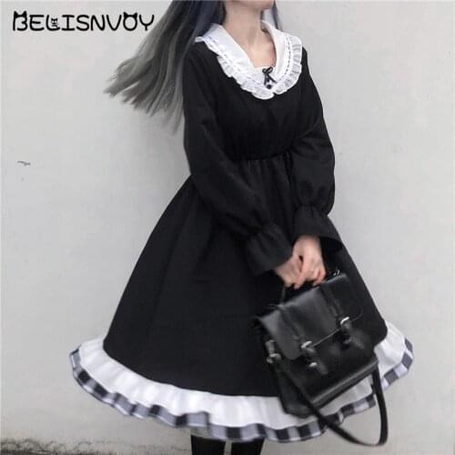 Japanese Gothic Lolita Style Dress Women Sailor Collar Lace Bow Kawaii Flare Sleeve Ruffles Party Dresses Black Vintage Dress