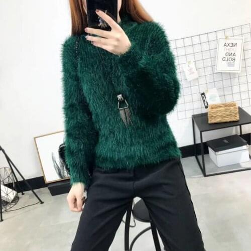 Womens Clothing 2018 Winter New Half-high Collar Mohair Long-haired Velvet Sweater Lantern Sleeves Loose Pullover Sweater Women