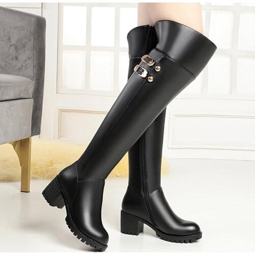 Womens over-the-knee boots Genuine Leather wool Long tube High boots Plus size winter boots High heels Single boot riding boots