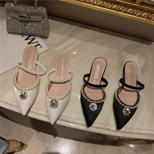 Bailamos Women Slippers Pointed Toe High Quality Pearl and Crystal Design Ladies Flats Heeled Flip Flops Party Shoes Slip On Sid