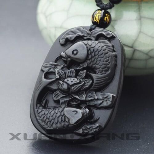 Women Necklace Pendant Black Obsidian Carved Lotus Carp Goldfish Pendant Gift for Women Fine Jades Jewelry Free Chain