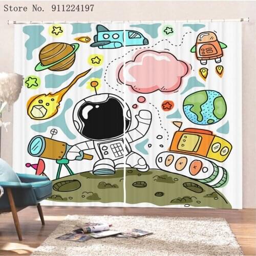 Cartoon 2 Panels Window Curtains Fabric Drapes Darkening Thermal Insulated Living Bedroom 3D Astronaut Print Window Curtains
