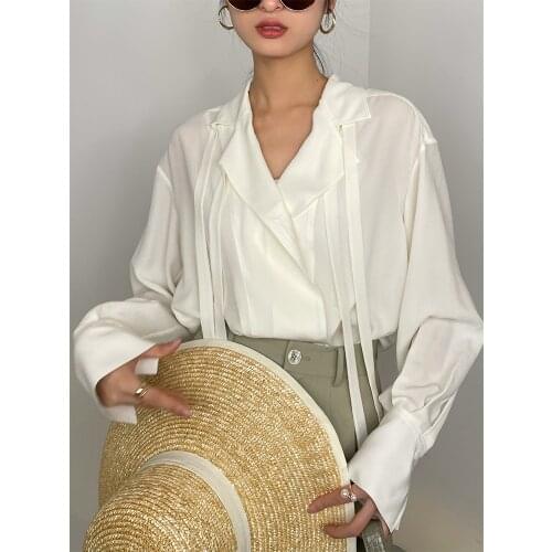 Oeuvrey Womens Long Sleeve Shirt Real Mulberry Silk White Blouse Casual Side Bow Tie Neck Blouse Tops