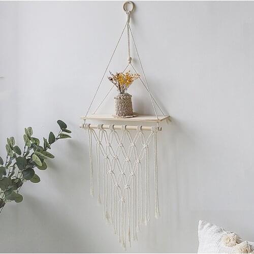 Bohomian Home Storage Wooden Shelf Cotton Wooden Hanging Plant Holders Hand-woven Tapestry Wall Decoration Macrame Flower Basket