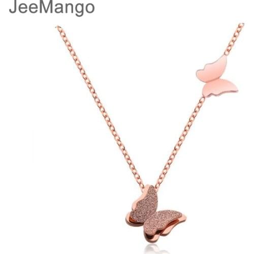 JeeMango Titanium Steel Double Flying Butterfly Pendant Necklace Simple Links Chains Wedding Necklace Jewlery For Women N17033
