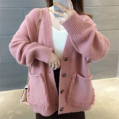Spring Autumn Fashion Big Pocket Knitted Sweater Women 6 Color Jacket Coat Korean Loose V-Neck Long Sleeve Knit Cardigan Female