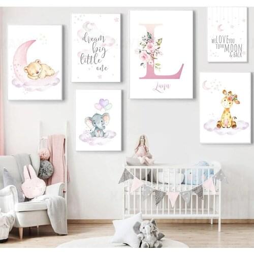 Elephant Giraffe Bear Poster Custom Name Canvas Painting Cloud Moon Nursery Wall Art Print Nordic Wall Pictures Kids Room Decor