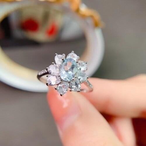 Classic aquamarine wedding ring for woman 5mm*7mm natural light blue aquamarine ring solid 925 silver aquamarine jewelry
