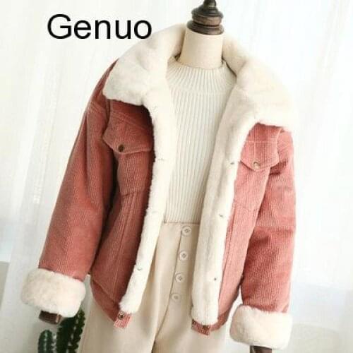 2020 New Winter Warm Fur Jeans Jacket Women Bomber Jacket Soft Corduroy Denim Jacket Female Coat Warm Lining & 4 Pockets Jacket
