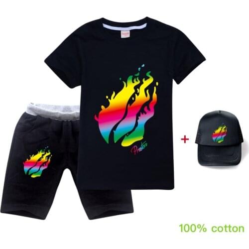 Summer Boys Casual Three-piece Cotton prestonplayz Casual Girls Short-sleeved T-shirt+Shorts+Cap Sports Print T-shirt Top Suit