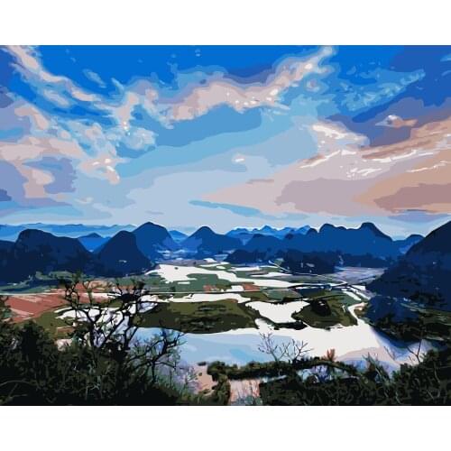 MaHuaf-j082 mountian filed lake landscape painting by numbers on canvas DIY oil digital paint by number kits for home decor