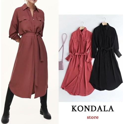KONDALA Za Fashion Women Dress Silk Vintage Chic Sashes Mide Dresses Female Long Sleeve Spring 2021 Stain Office Wear Vestidos