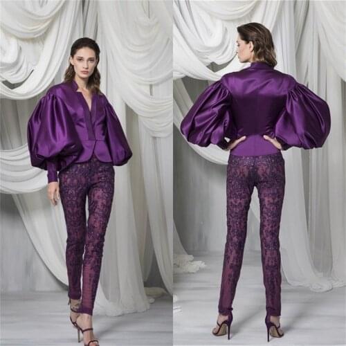 Fashion Purple Pant Suit Women Prom Dresses Satin Long Sleeves Jacket Lace Appliqued Illusion Beading Pants Customise