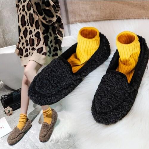 New Fashion Women Warm Boat Shoes Autumn Winter Fur Loafers Soft Sole Plush Flats Shoes Black Wool Women Casual Shoes For Ladies