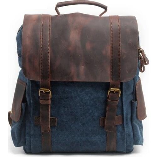 High Quality Mens Backpacks Leather Canvas Laptop Backpack School Bag Fashion Clamshell Zip Hasp Travel Rucksack Male Knapsack