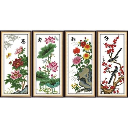 Four seasons flower cross stitch pattern Kit, spring, summer, 14CT autumn and winter DIY stamped cross stitch Canvas Embroidery