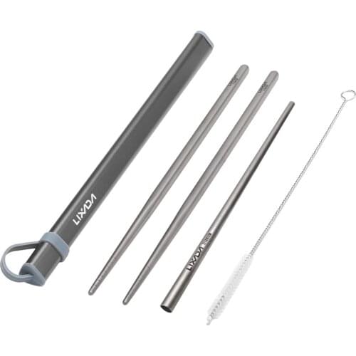 Lixada Camping Cutlery Set Titanium Chopsticks Titanium Fork Spoon Drinking Straw Cleaning Brush with Aluminum Storage Tube Case