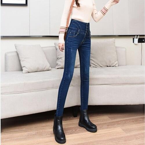 Autumn Scratched Single Brested Womens Jeans High Waist Stretch Skinny Pencil Pants Denim Mujer Elastic Slim Trousers Cowboy